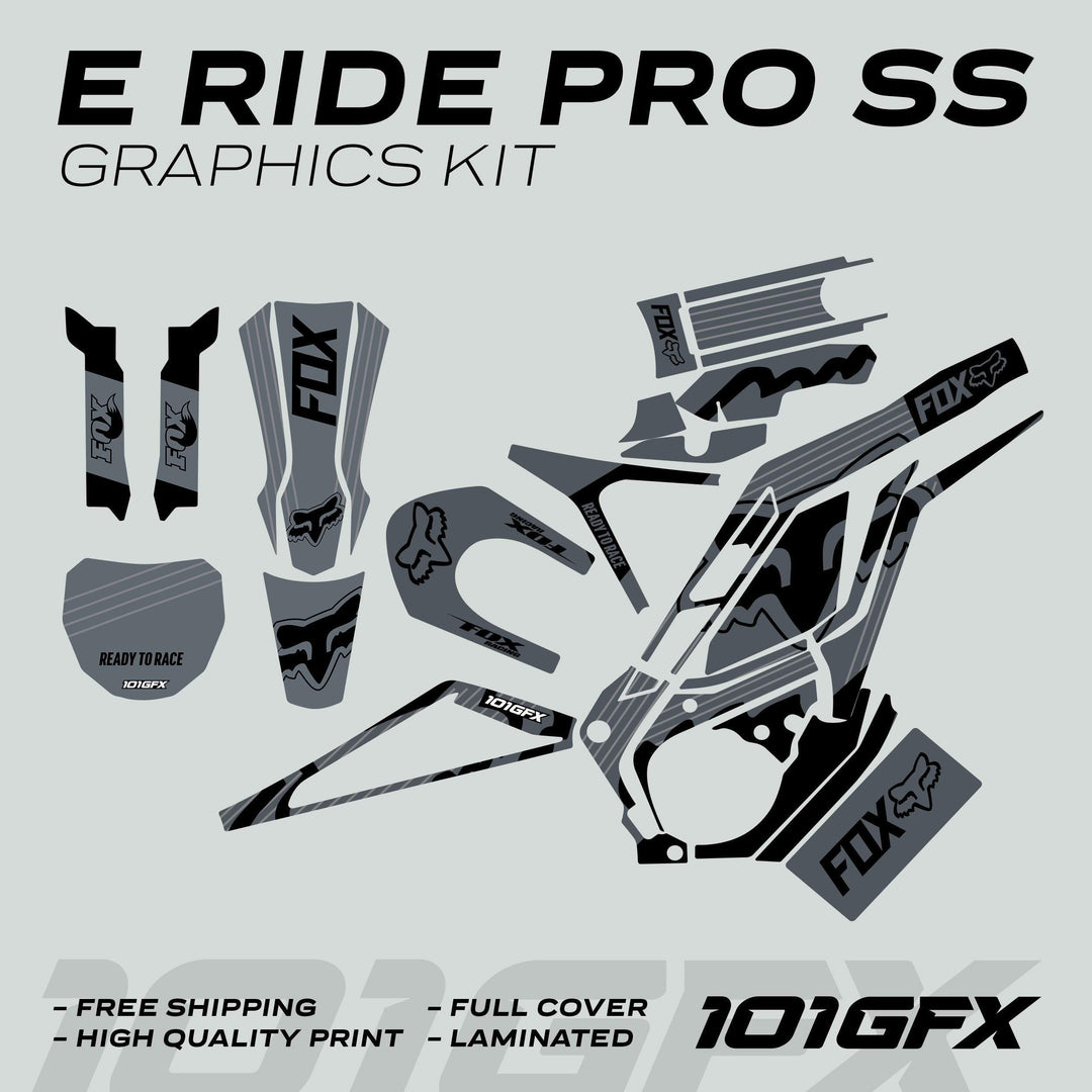E Ride Pro SS Graphics Kit FOX R Stripes Grey Black showing individual vinyl-sticker pieces with FOX branding, designed for e-bike aesthetics enhancement.