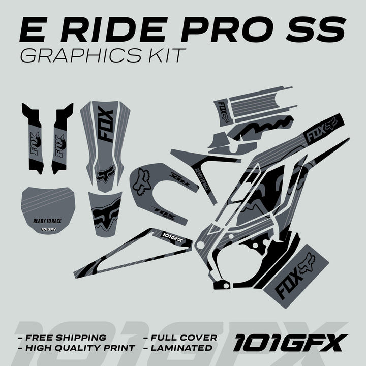 E Ride Pro SS Graphics Kit FOX R Stripes Grey Black showing individual vinyl-sticker pieces with FOX branding, designed for e-bike aesthetics enhancement.