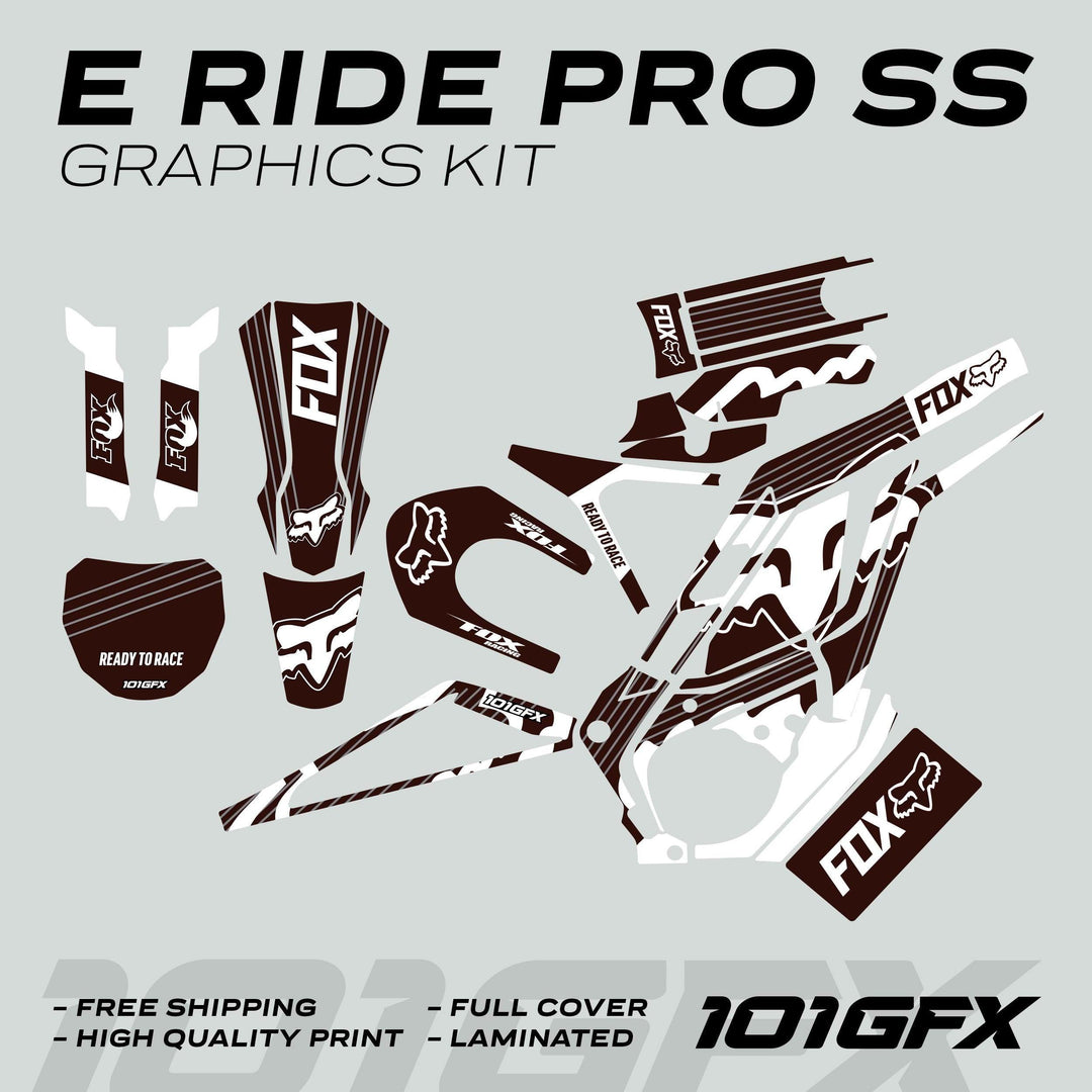 E Ride Pro SS Graphics Kit FOX R Stripes with die-cut decals including fork guards and fenders, highlighting durability, easy application, and perfect fit for customization.