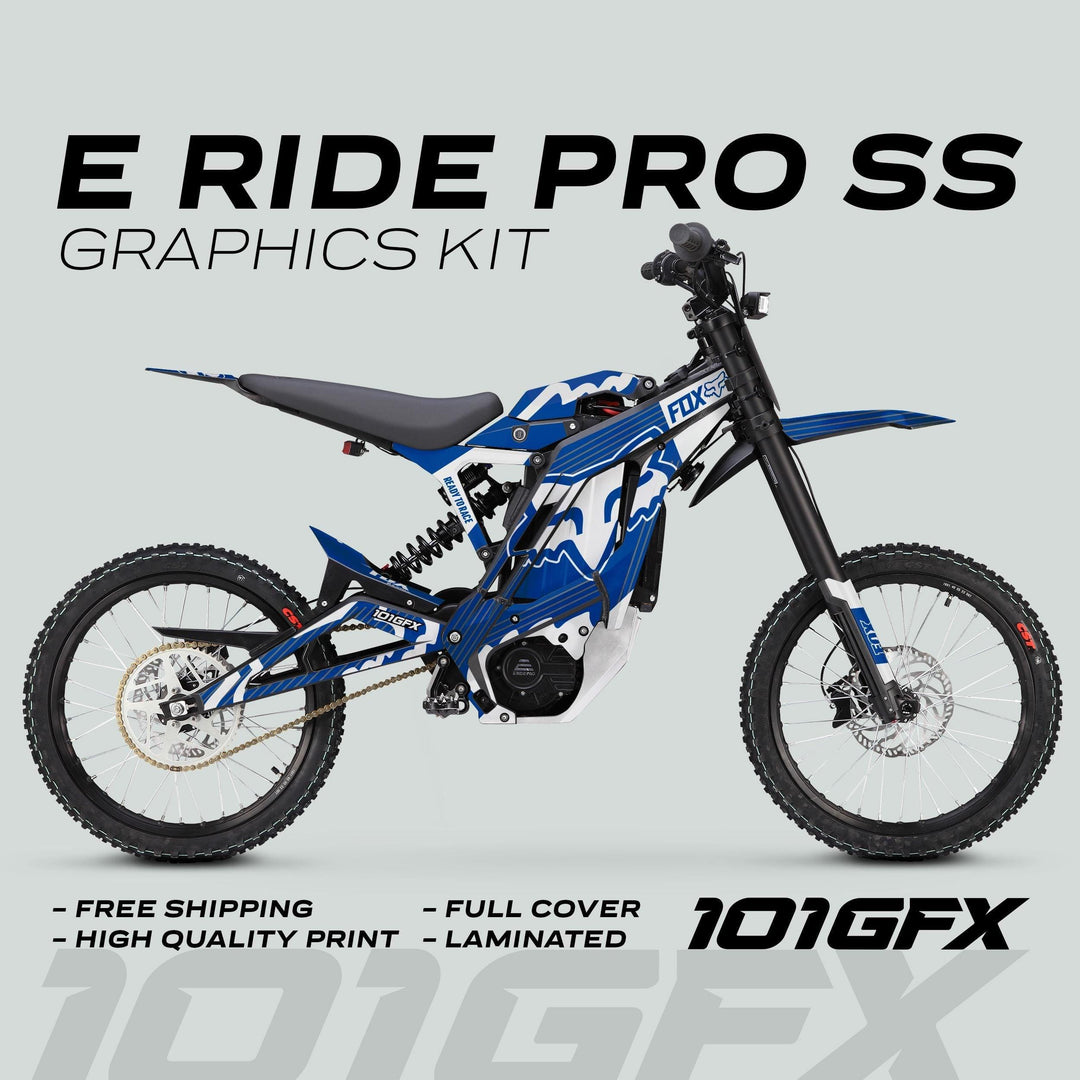 E Ride Pro SS Graphics Kit FOX R Stripes Blue White on electric motocross bike, highlighting full-cover, high-quality print, and durability with free shipping.