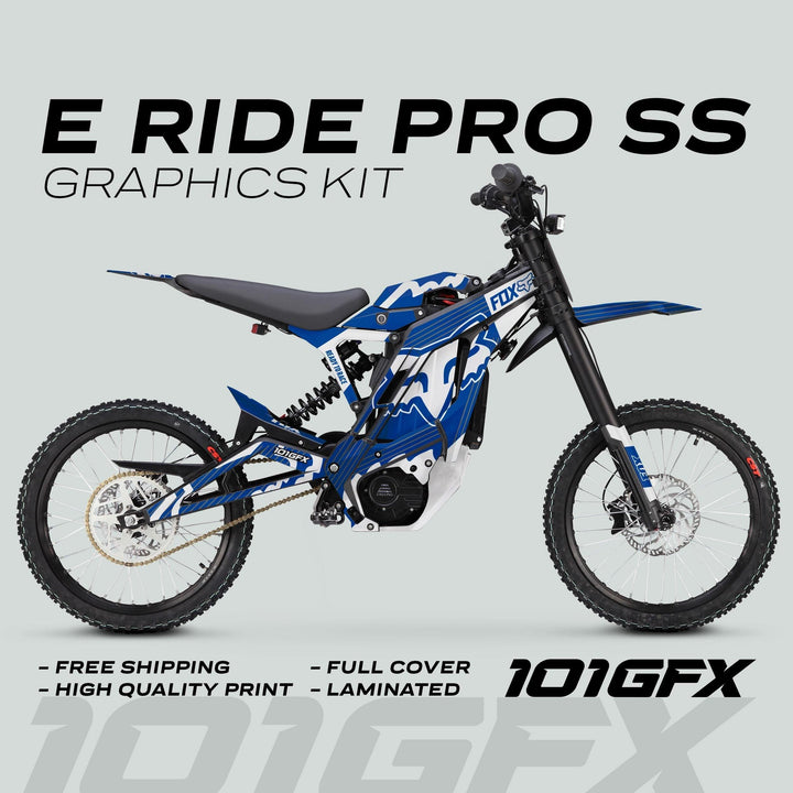 E Ride Pro SS Graphics Kit FOX R Stripes Blue White on electric motocross bike, highlighting full-cover, high-quality print, and durability with free shipping.