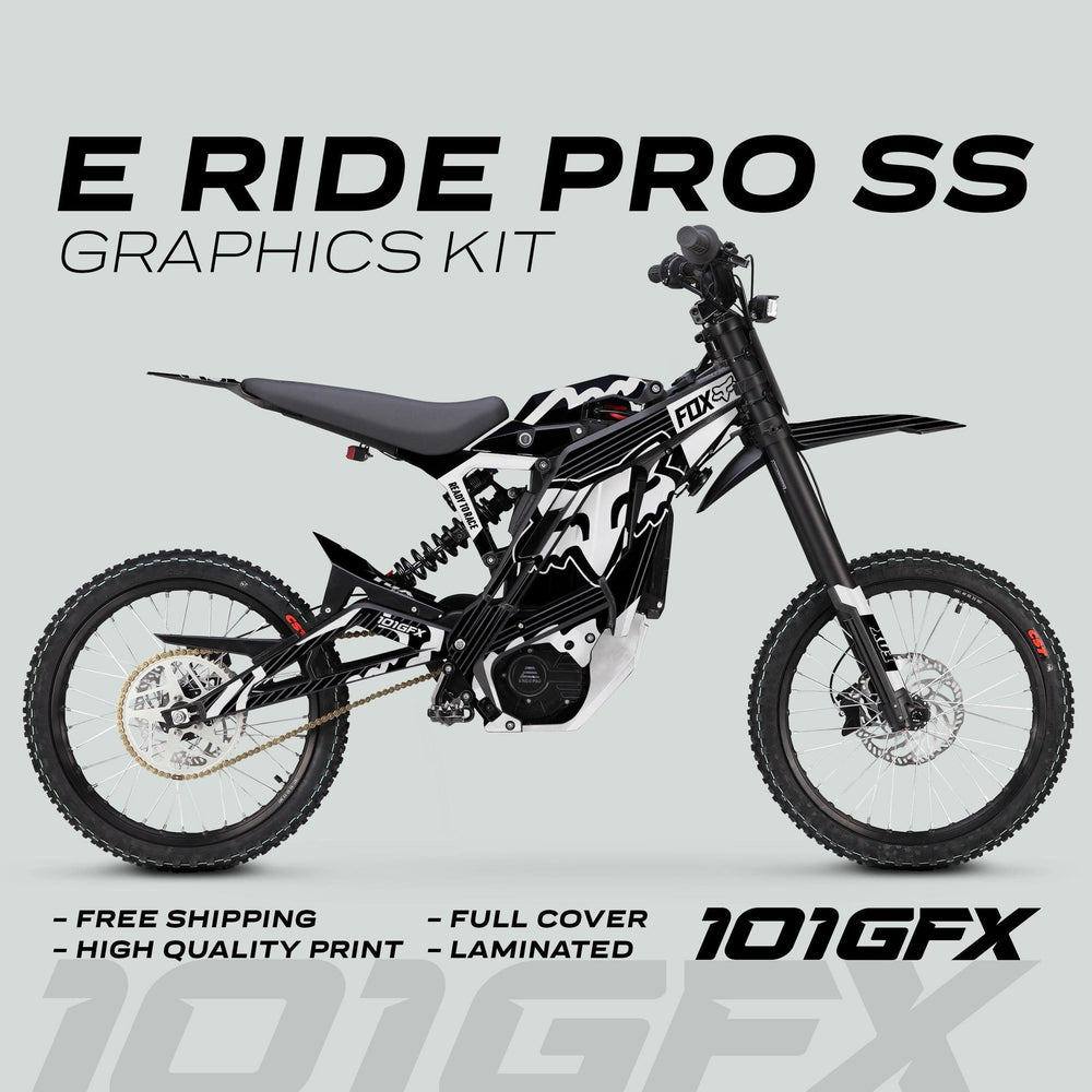 E Ride Pro SS Graphics Kit with FOX R stripes on an electric off-road bike, featuring full-cover, laminated decals. Includes free shipping and high-quality print.
