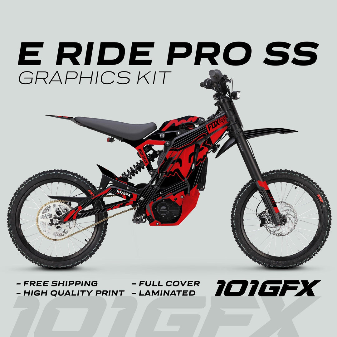 E Ride Pro SS Graphics Kit featuring FOX R stripes on an electric dirt-bike, highlighted by red-and-black decals, showcasing durability, easy application, and a perfect fit.