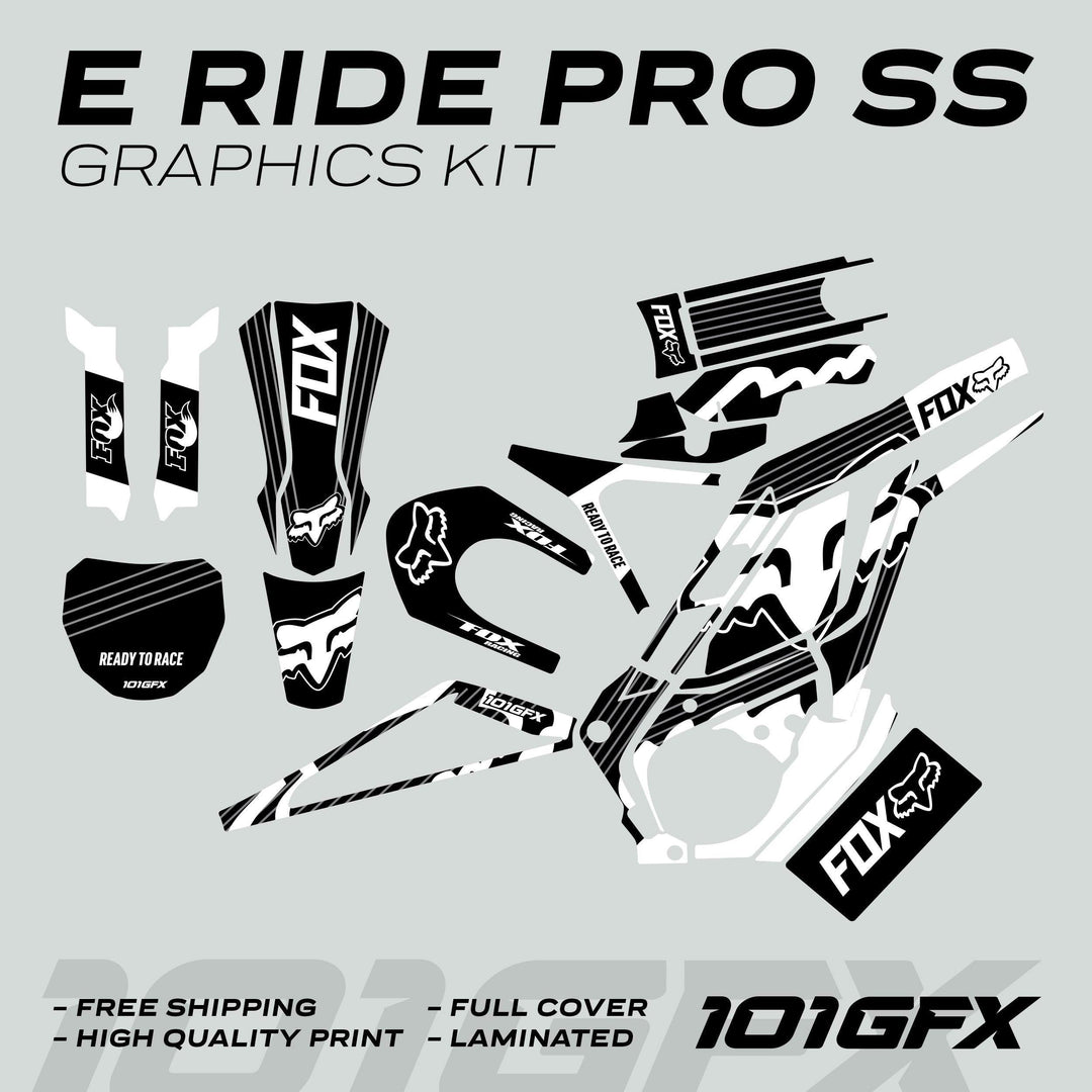 E Ride Pro SS Graphics Kit FOX R Stripes Black White displayed flat, featuring black-and-white vinyl decals for electric dirt-bike, highlighting Fox logo and Ready to Race slogan.