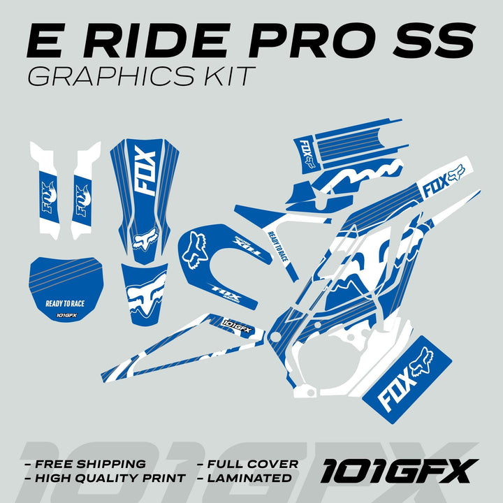 E Ride Pro SS Graphics Kit FOX R Stripes Blue White, featuring FOX logos and text, includes radiator-shroud, number-plate, fork guard decals, and more on a light gray background.