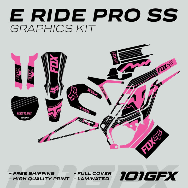 E Ride Pro SS Graphics Kit FOX R Stripes, displaying black and hot-pink decals with FOX logos, ready to transform your bike with high-quality, full-cover vinyl.