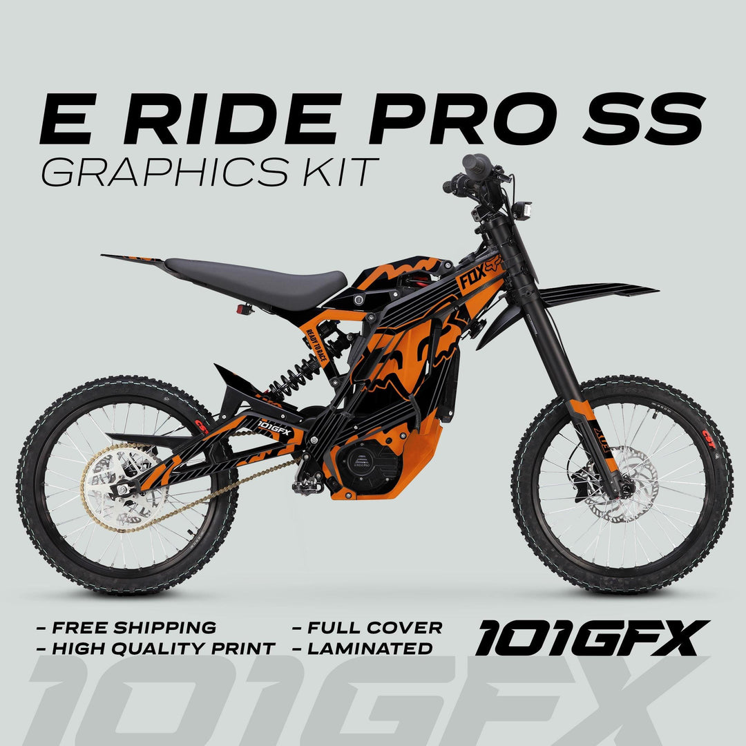 E Ride Pro SS Graphics Kit FOX R Stripes Black Orange on electric dirt bike, showcasing full-cover design, free shipping, high-quality print, and laminated finish.