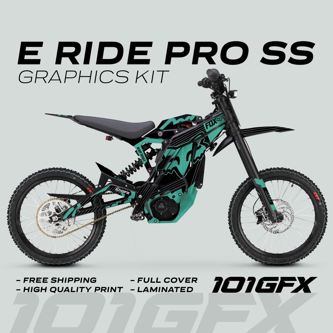 E Ride Pro SS Graphics Kit FOX R Stripes Black Mint, featuring teal and black designs, highlights free shipping, high-quality print, full cover, and laminated finish.