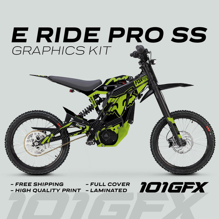 E Ride Pro SS Graphics Kit FOX R Stripes Black Green on electric off-road motorcycle, showcasing custom green-black design, FOX branding, and features like high-quality print and full cover.