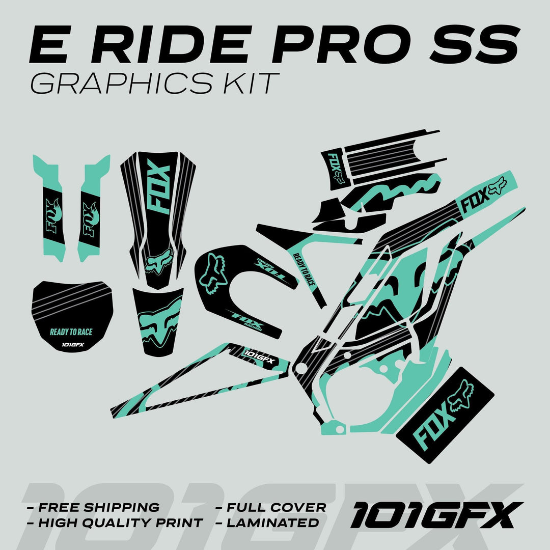 E Ride Pro SS Graphics Kit FOX R Stripes Black Mint, featuring teal-and-black decals, arranged flat, showcasing fork guards, number plate, and more for electric motocross bike.