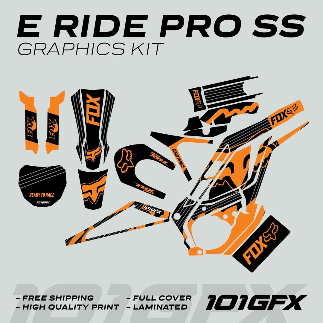 E Ride Pro SS Graphics Kit FOX R Stripes Black Orange, displaying vinyl decals for e-bike plastics, showcasing bold design and noted features like durability and easy installation.