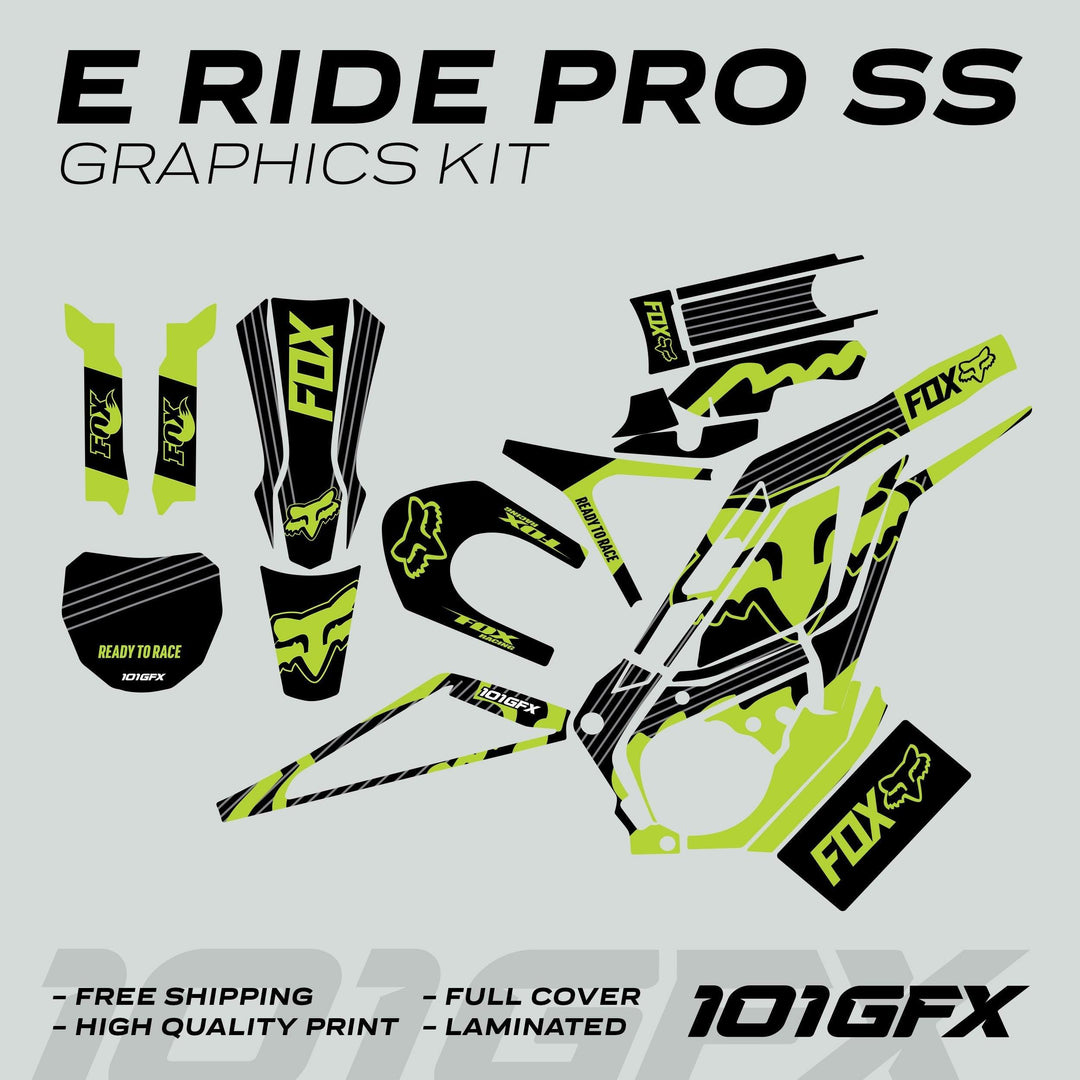 E Ride Pro SS Graphics Kit FOX R Stripes Black Green, featuring FOX branding, neon accents, and full coverage decals for e-MTB frames, showcasing dynamic and bold styling.