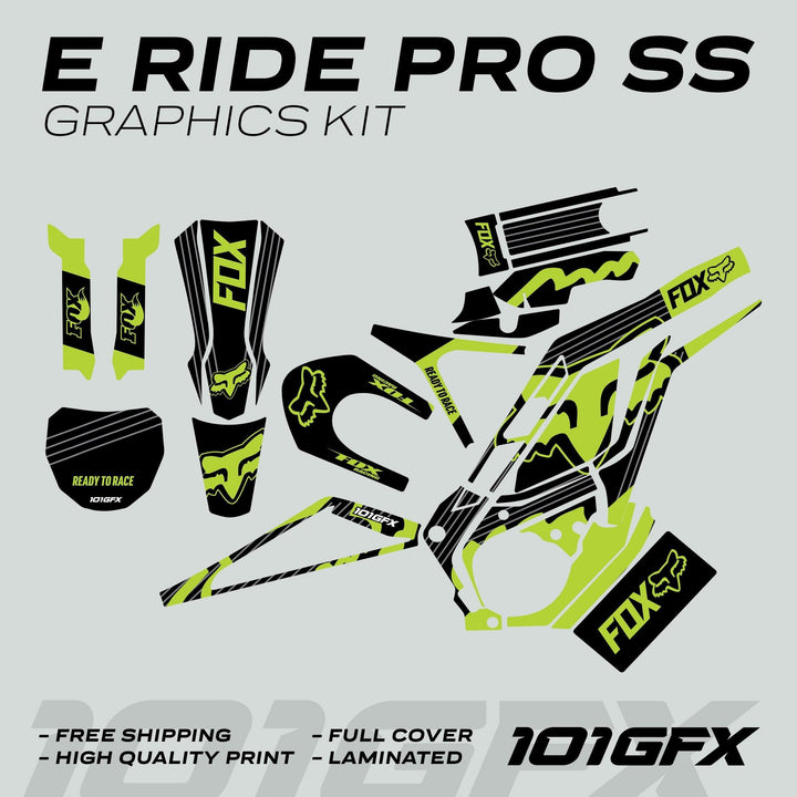 E Ride Pro SS Graphics Kit FOX R Stripes Black Green, featuring FOX branding, neon accents, and full coverage decals for e-MTB frames, showcasing dynamic and bold styling.