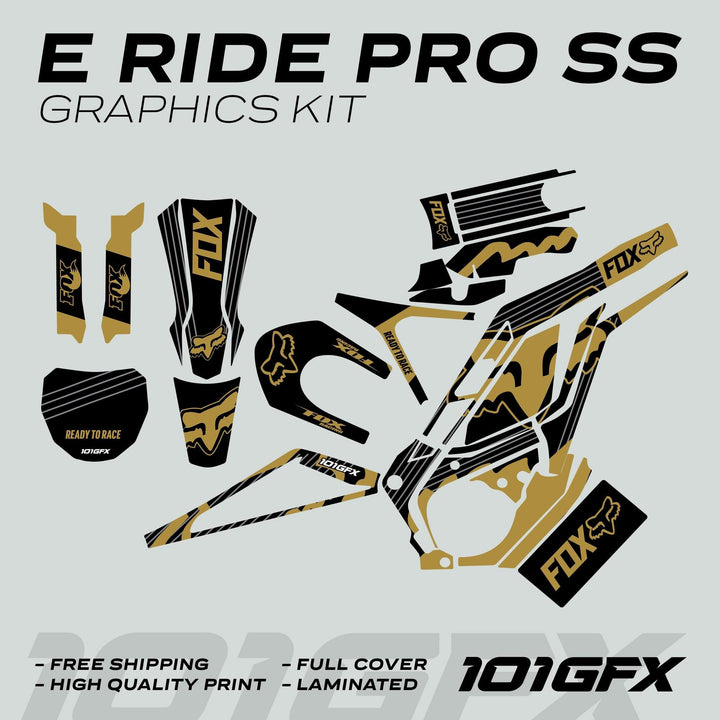 E Ride Pro SS Graphics Kit FOX R Stripes Black Gold: Complete decal set for e-bike, featuring FOX logos and stylish black and gold livery, ready for application.