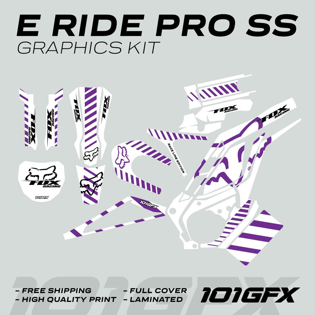 E Ride Pro SS Graphics Kit FOX Race Line White Purple, featuring separate vinyl pieces with diagonal stripes, Fox Racing logos, and Race Line Edition text, offering full coverage.