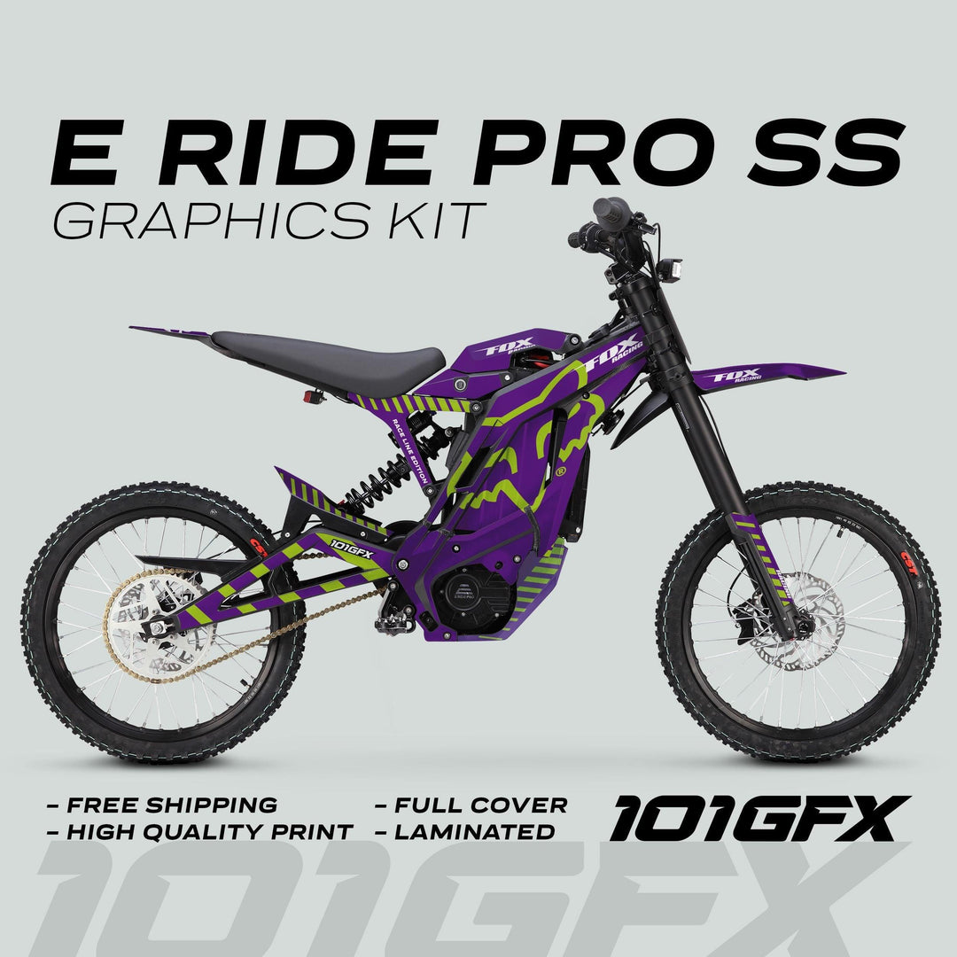 E Ride Pro SS Graphics Kit FOX Race Line features a vibrant purple-and-lime wrap for the bike's frame, battery box, and fenders, ensuring style and durability.