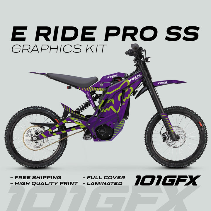 E Ride Pro SS Graphics Kit FOX Race Line features a vibrant purple-and-lime wrap for the bike's frame, battery box, and fenders, ensuring style and durability.