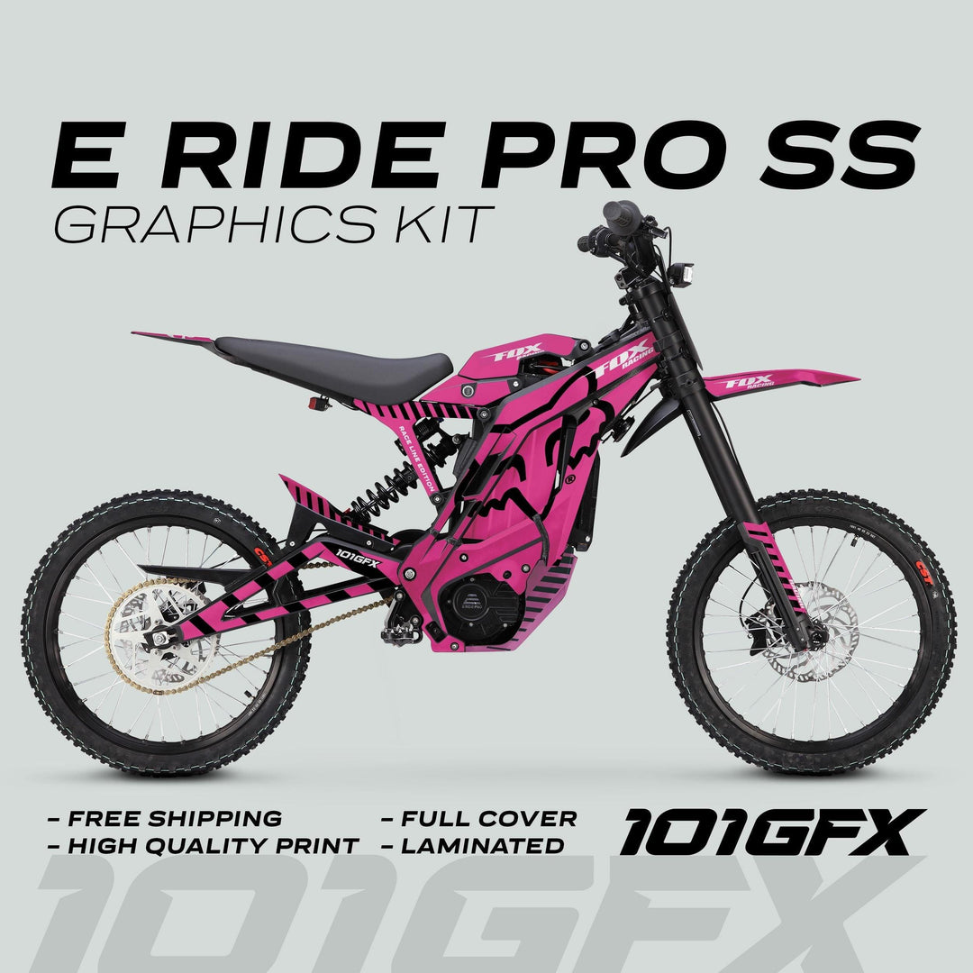 E Ride Pro SS Graphics Kit in FOX Race Line Pink Black, showcasing vibrant decals on a dirt-bike with features like Free Shipping, High Quality Print, and Laminated.