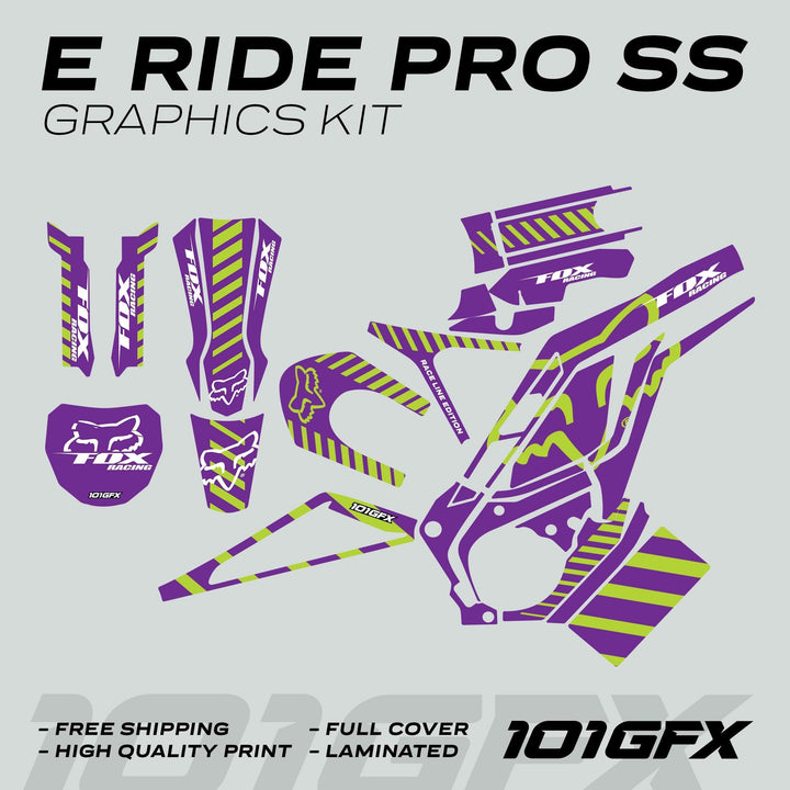 E Ride Pro SS Graphics Kit in FOX Race Line, featuring vinyl pieces for customization, highlighted by details like free shipping and full cover.