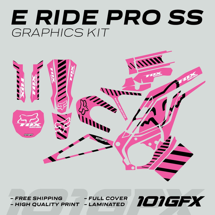 E Ride Pro SS Graphics Kit in pink-black stripes with Fox Racing logos, showcasing individual vinyl pieces, labeled features include free shipping and high-quality laminated print.