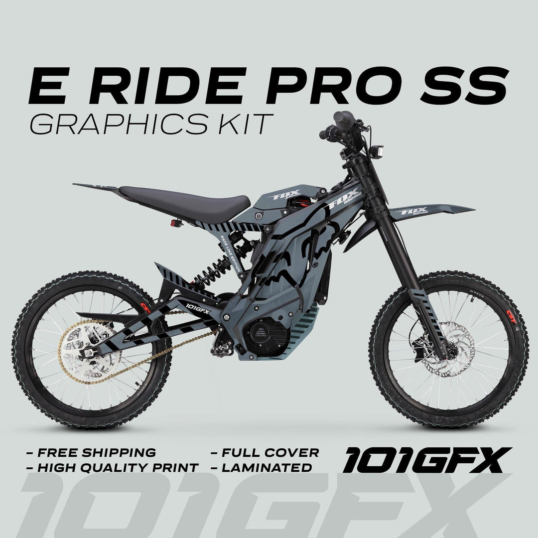 E Ride Pro SS Graphics Kit FOX Race Line Grey Black displayed on an electric dirt-bike, highlighting free shipping, high-quality print, full-cover, and laminated features.