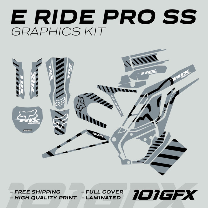 E Ride Pro SS Graphics Kit FOX Race Line Grey Black with decals like fork guards and swingarm pieces, highlighting Free Shipping and High Quality Print beneath the 101GFX logo.