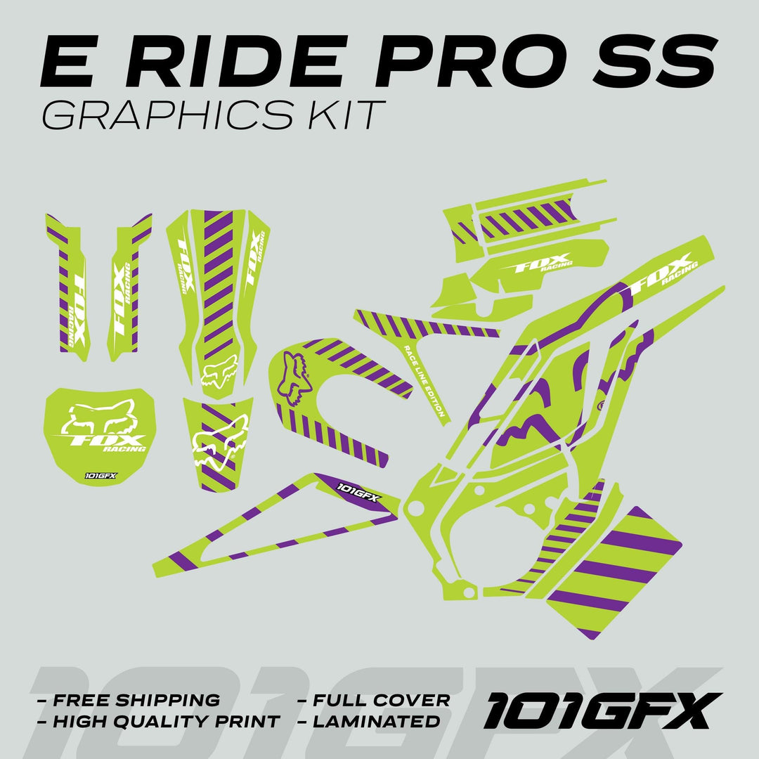 E Ride Pro SS Graphics Kit FOX Race Line Green Purple decals laid out, featuring Fox Racing logos and Race Line Edition text, designed for electric dirt-bike customization.