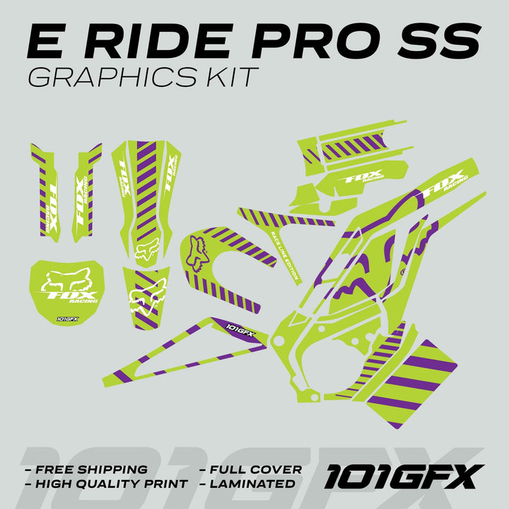 E Ride Pro SS Graphics Kit FOX Race Line Green Purple decals laid out, featuring Fox Racing logos and Race Line Edition text, designed for electric dirt-bike customization.