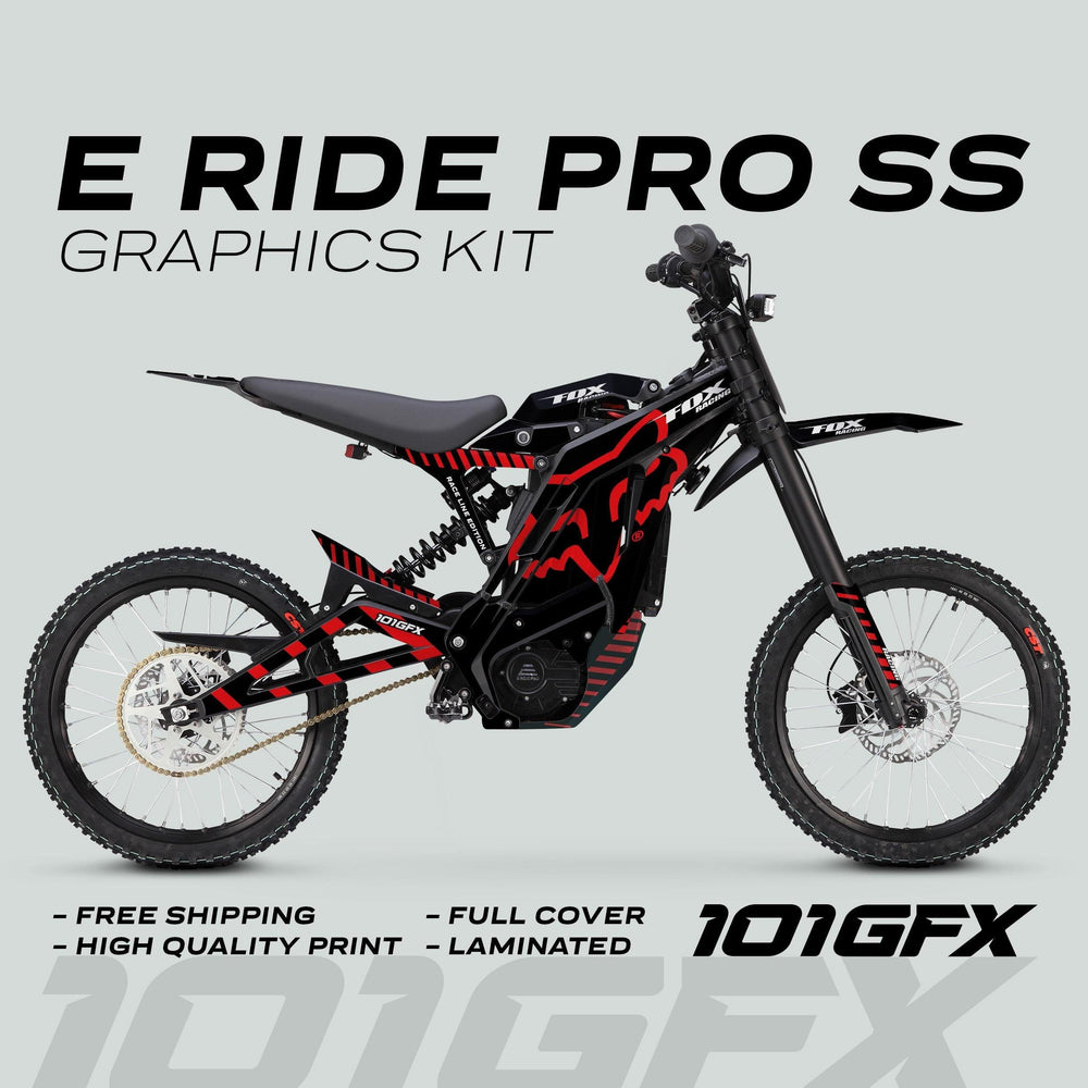 E Ride Pro SS Graphics Kit on black e-motocross bike, featuring bold red-and-black design, highlighting free shipping, high-quality print, full cover, and laminated finish.