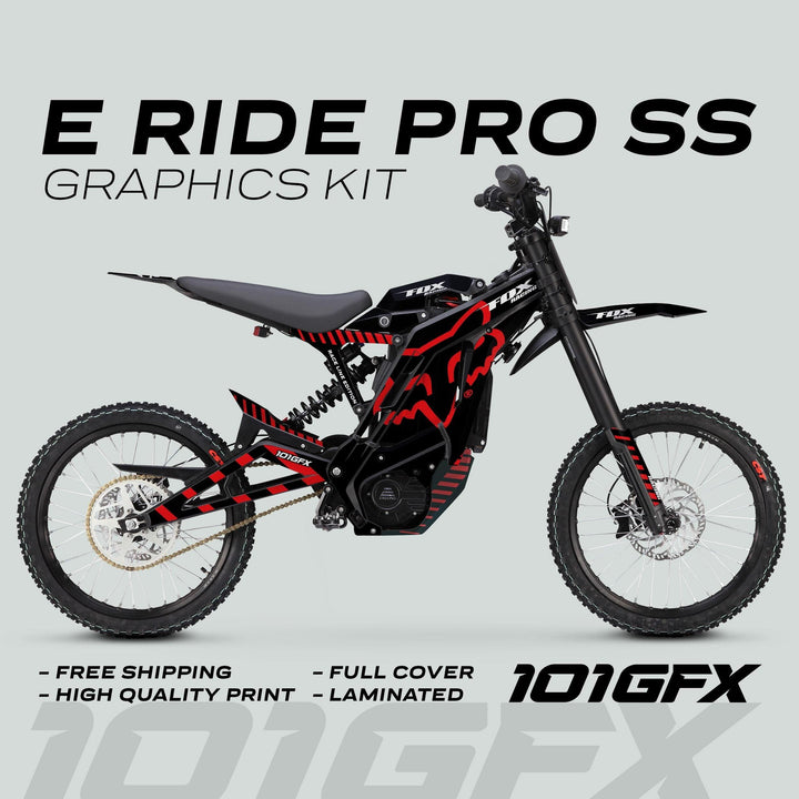 E Ride Pro SS Graphics Kit on black e-motocross bike, featuring bold red-and-black design, highlighting free shipping, high-quality print, full cover, and laminated finish.