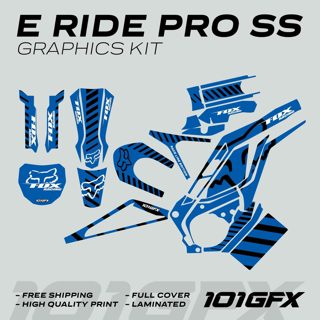 E Ride Pro SS Graphics Kit in FOX Race Line Blue Black, featuring decal pieces for electric bike panels, promoting durability and high-performance style.