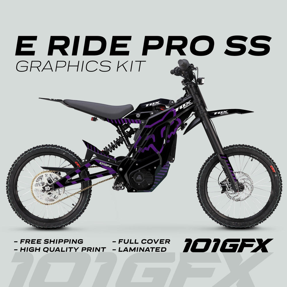 Side-view of off-road electric motorcycle with E Ride Pro SS Graphics Kit FOX Race Line Black Purple, highlighting custom decals and promotional features like free shipping and high quality.