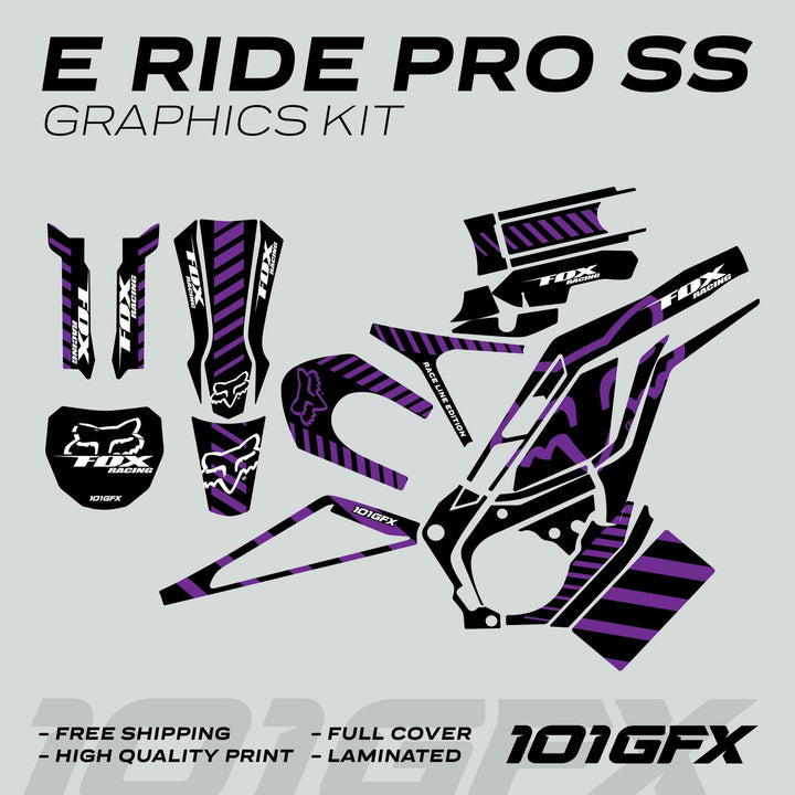 E Ride Pro SS Graphics Kit FOX Race Line Black Purple, displaying black-purple stripe decals with Fox Racing logos, highlighting features like free shipping and laminated finish.