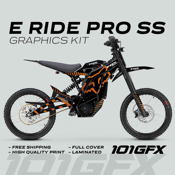 E Ride Pro SS Graphics Kit FOX Race Line Black Orange on electric motocross bike, showcasing bold black and orange design, free shipping, high-quality print, full cover, laminated.