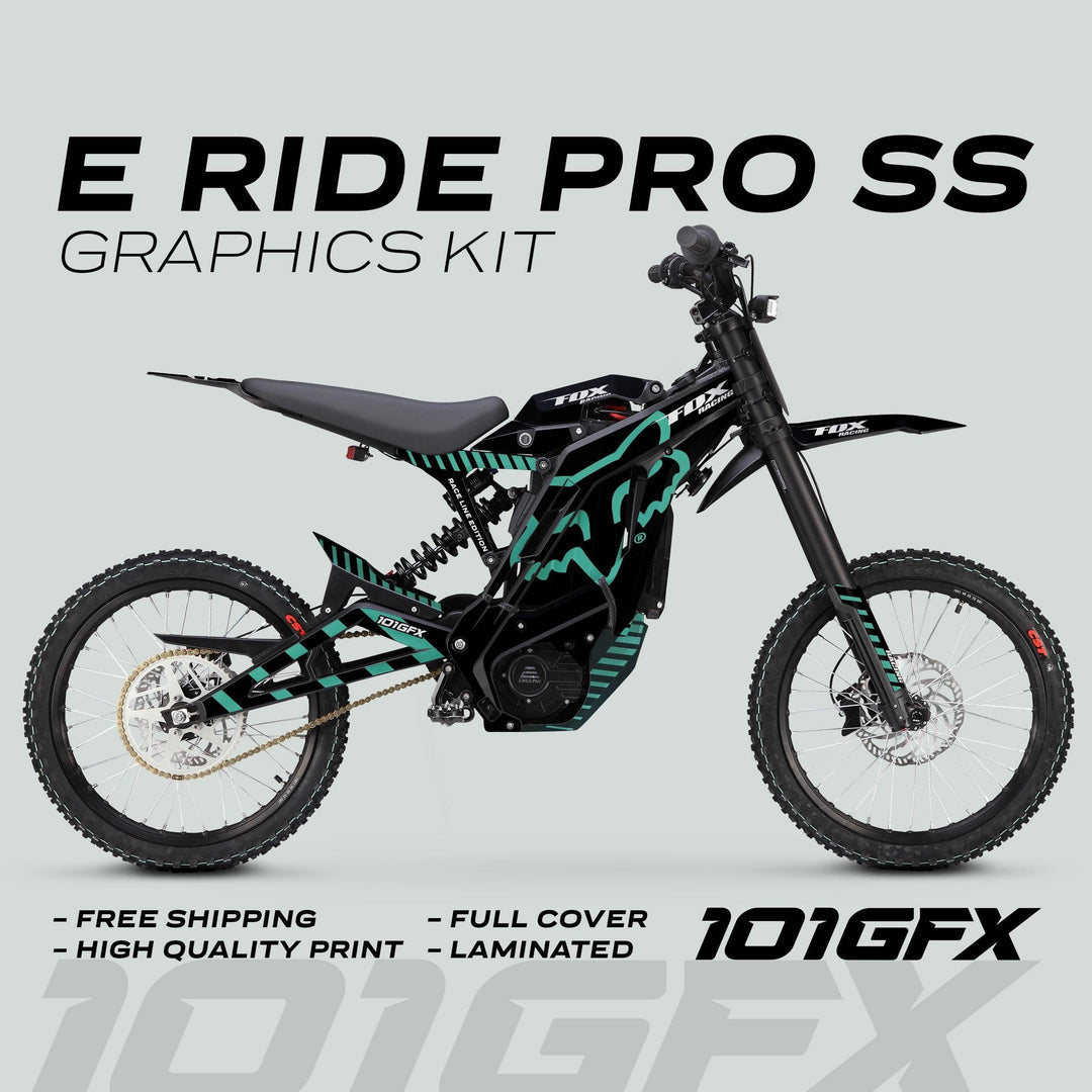 E Ride Pro SS Graphics Kit FOX Race Line Black Mint on an electric off-road motorcycle, showcasing mint-green stripes, FOX branding, and knobby tires against a grey backdrop.