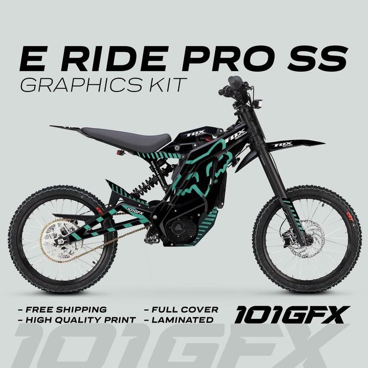 E Ride Pro SS Graphics Kit FOX Race Line Black Mint on an electric off-road motorcycle, showcasing mint-green stripes, FOX branding, and knobby tires against a grey backdrop.