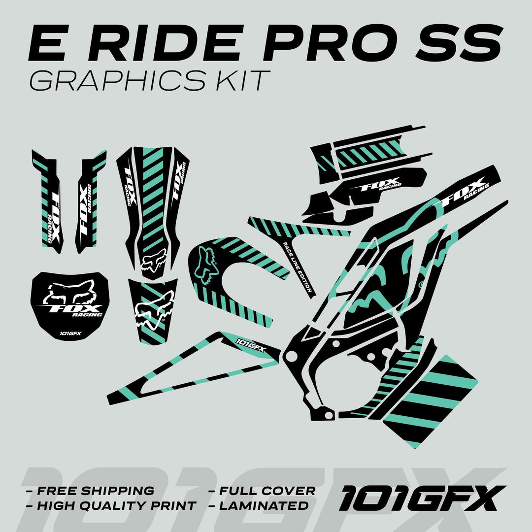 E Ride Pro SS Graphics Kit FOX Race Line Black Mint, showcasing die-cut decals with black and teal stripes, including Fox Racing logos, and highlighting features like durability and easy application.