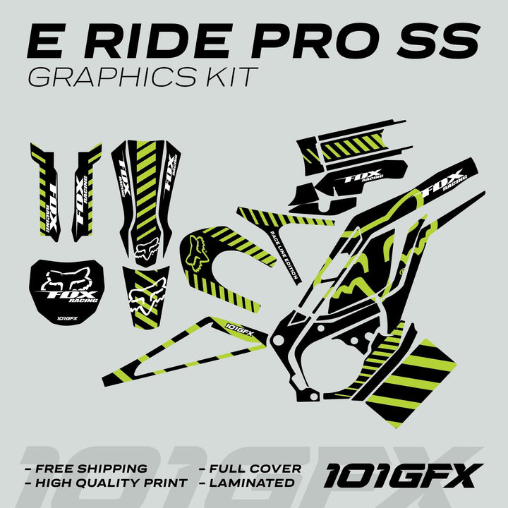 E Ride Pro SS Graphics Kit features black and neon-green striped decals with FOX Racing logos, designed for e-bike frames and forks, ensuring style and protection.
