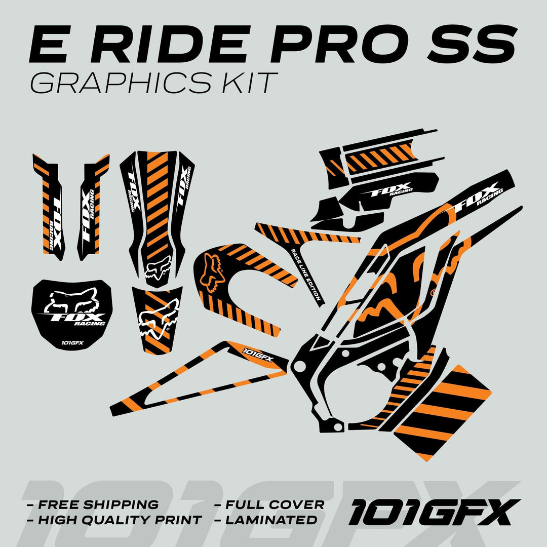 E Ride Pro SS Graphics Kit FOX Race Line Black Orange, featuring black and orange stripes, Fox Racing logos, includes vinyl decals for dirt-bike frame and components, highlighting durability and style.