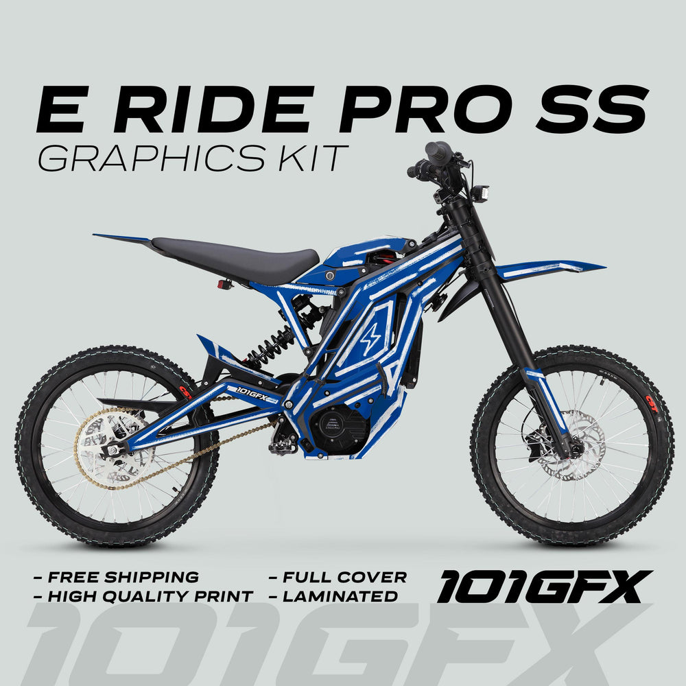 E Ride Pro SS Graphics Kit BRUSH Blue White on electric off-road motorcycle, showcasing bold blue-and-white decals. Highlights: free shipping, quality print, full cover, laminated.