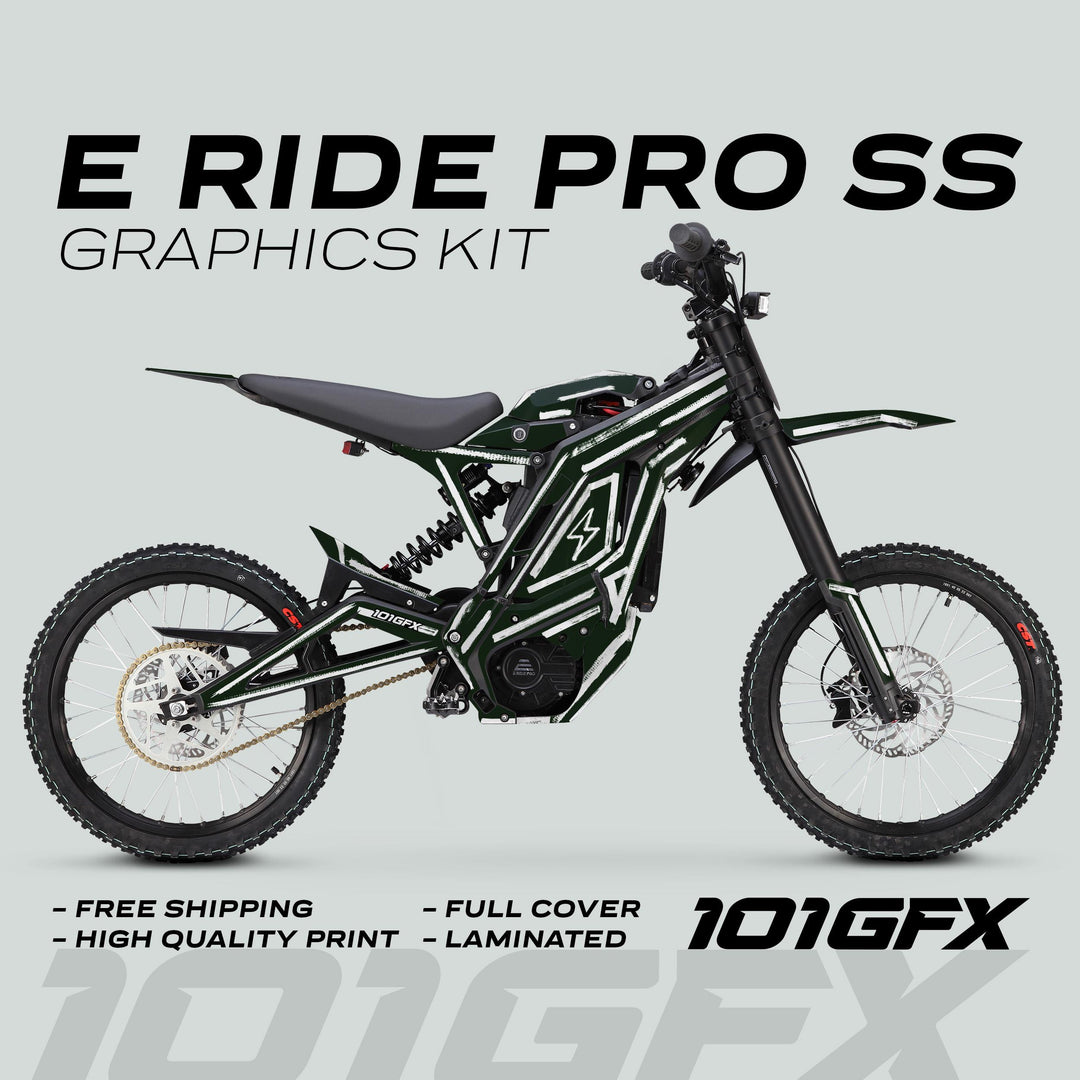 E Ride Pro SS Graphics Kit BRUSH Greenish White on electric dirt-bike, showcasing bold design with free shipping, high-quality print, full cover, laminated, 101GFX logo.