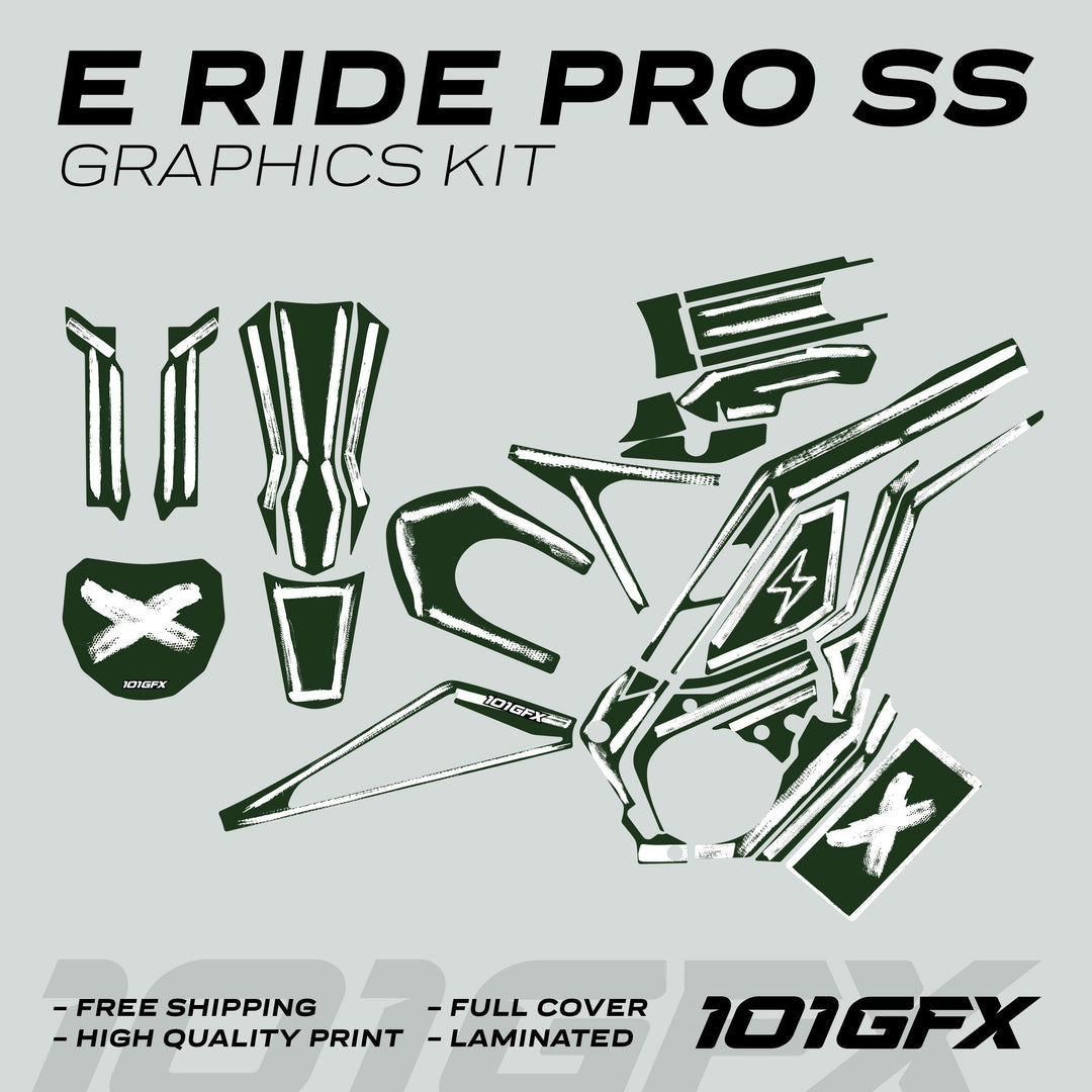 E Ride Pro SS Graphics Kit in Greenish White, featuring cut-vinyl pieces for electric bike, with branding and key points like frame covers and number-plate graphics.