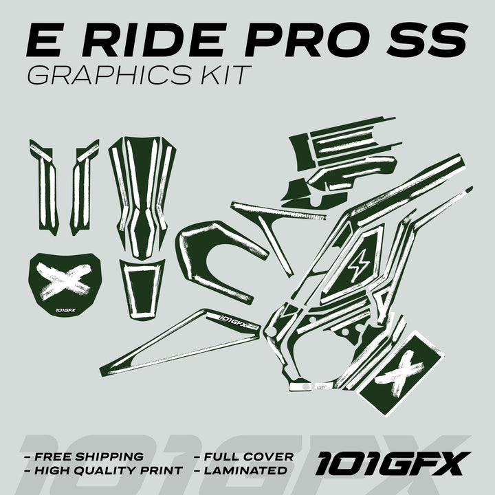E Ride Pro SS Graphics Kit in Greenish White, featuring cut-vinyl pieces for electric bike, with branding and key points like frame covers and number-plate graphics.