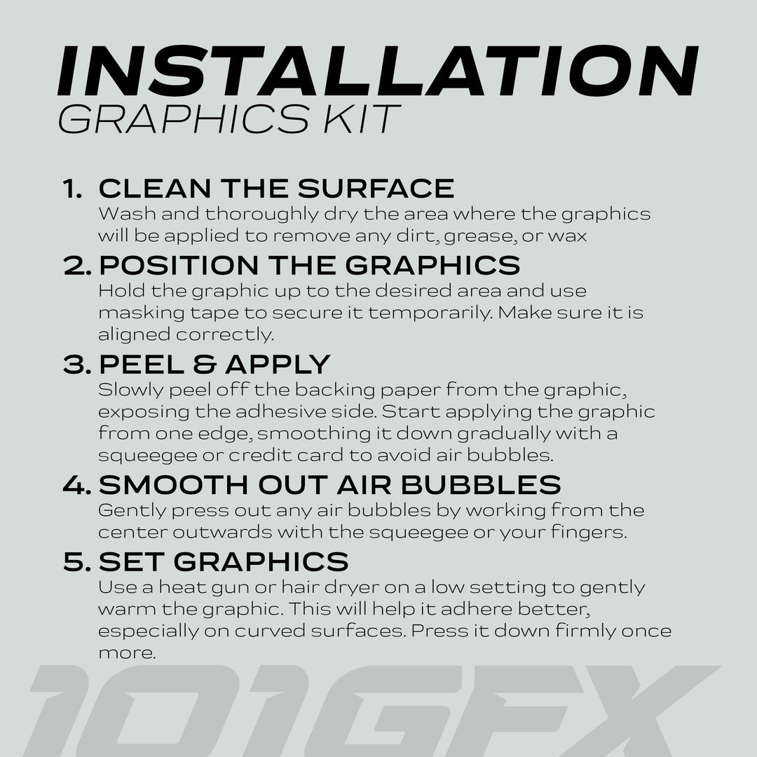 Instruction sheet for E Ride Pro SS Graphics Kit BRUSH Navy White, detailing five-step application process for adhesive graphics, featuring high-quality, fade-proof decals for easy customization.