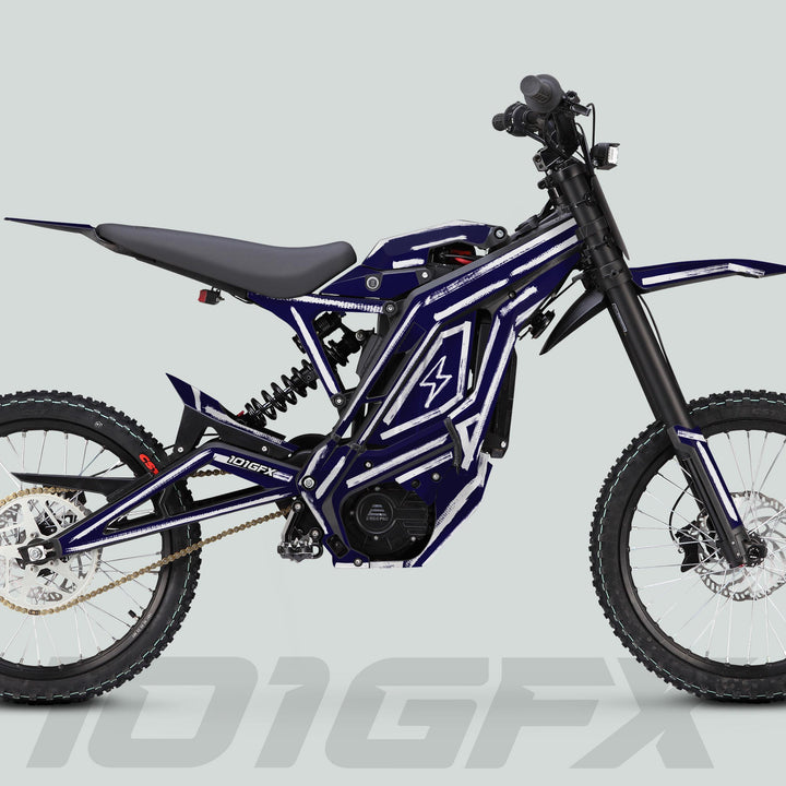 E Ride Pro SS Graphics Kit BRUSH Navy White on an electric dirt bike, showcasing its sleek design, minimalist bodywork, and durable decals for customization.
