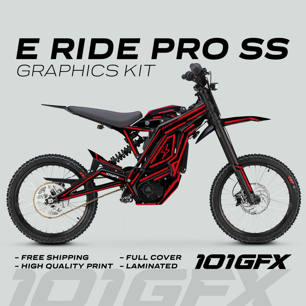 E Ride Pro SS Graphics Kit BRUSH Black Red displayed on an electric bike, highlighting bold design, easy application, and durable, weather-resistant materials.
