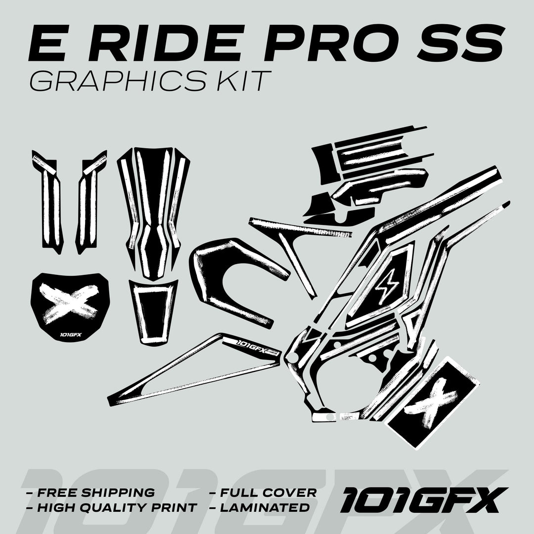 E Ride Pro SS Graphics Kit BRUSH Black White features black-and-white grunge vinyl decals for full coverage, including frame panels and fork guards, promising high-quality, durable aesthetics.