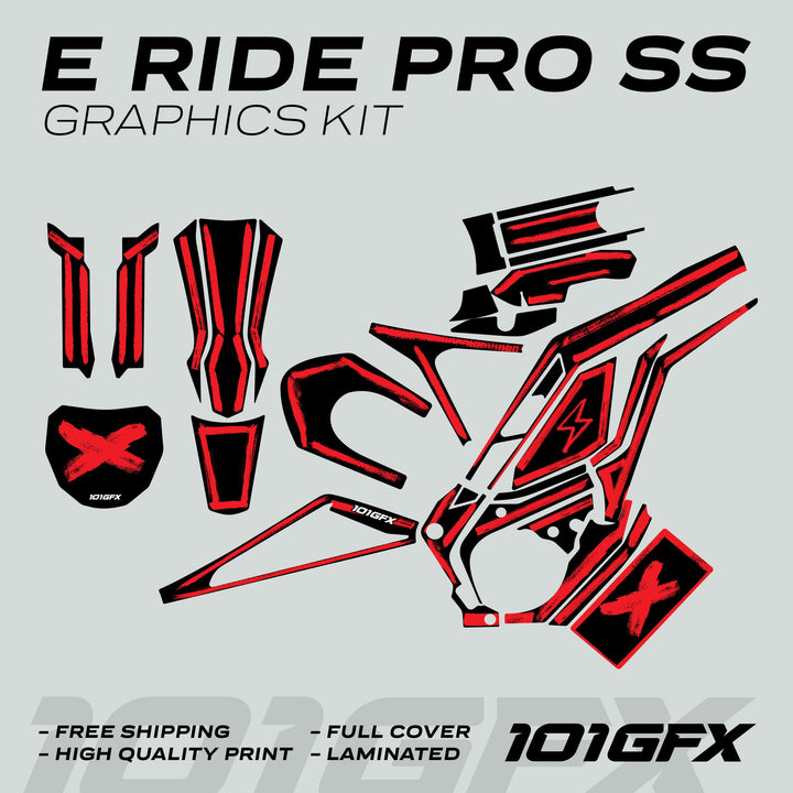 E RIDE PRO SS Graphics Kit BRUSH Black Red includes red-and-black decals for electric bike frame, with features like free shipping, high-quality print, and durability.