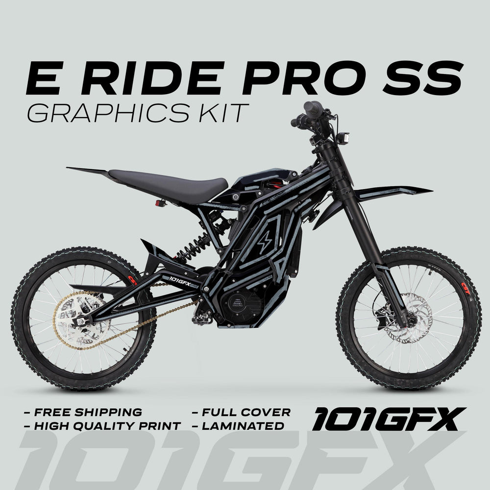 E Ride Pro SS Graphics Kit BRUSH Black Grey on e-dirt bike with black frame, knobby tires, gold chain, showcasing sleek design and durability features.