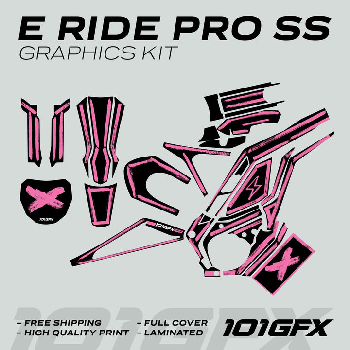 E Ride Pro SS Graphics Kit BRUSH Black Pink shown with pink-and-black vinyl stickers for E-Ride Pro SS, highlighting features: free shipping, quality print, full cover, laminated.